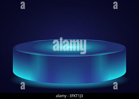Futuristic neon blue podium for product showcase. Glowing cylinder pedestal stage vector template Stock Vector