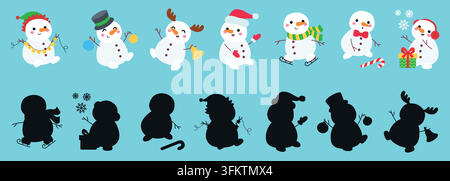 Find the correct shadow educational game for kids with cute Christmas snowmen characters Stock Vector