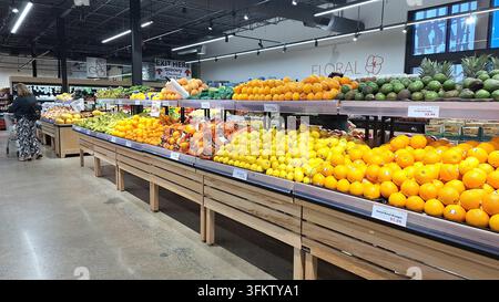 Toronto, ON, Canada - September 25, 2026: A wide selection of fresh fruits displayed on shelves inside a grocery store. Stock Photo