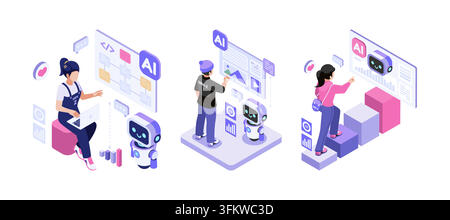 Isometric Gen Z Working with AI Technology Digital Dashboard and Robot Assistant Stock Vector