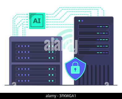 Central Server Syncing Data to Storage Server for Backup and Encryption Purposes via Wireless Connection Technology Concept Illustration Clip Art Stock Vector