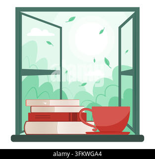A Cup of Hot Coffee Drinks and Stack of Books Placed by the Glass Window Frame that Opens onto the Garden Concept Illustration Clip Art Stock Vector