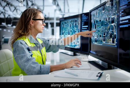 Electronics Engineer Carefully Reviews Multilayer PCB Design On Desktop Computer. Stock Photo