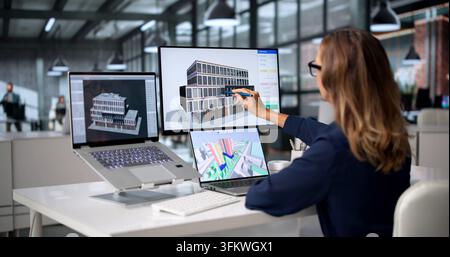 Architect Studies Detailed 3D BIM Model On Laptop For Urban Planning. Stock Photo