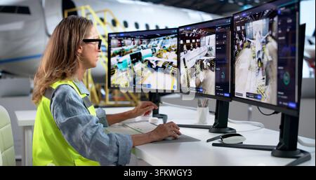 Engineer Uses 3D Twin Simulation Software To Monitor Aircraft Engine Maintenance. Stock Photo