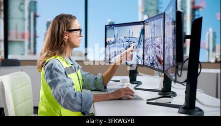 Industrial Engineer Closely Monitors Refinery Pipeline System Using SCADA Software. Stock Photo