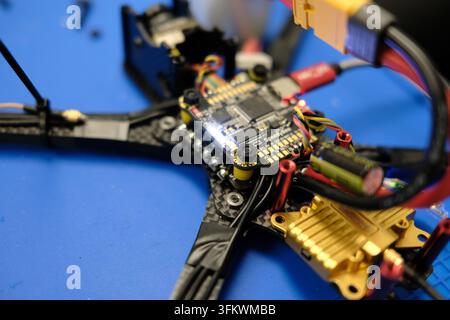 Drone Flight Controller Circuit Board Macro. Surface-mount components and traces fill the frame. Stock Photo