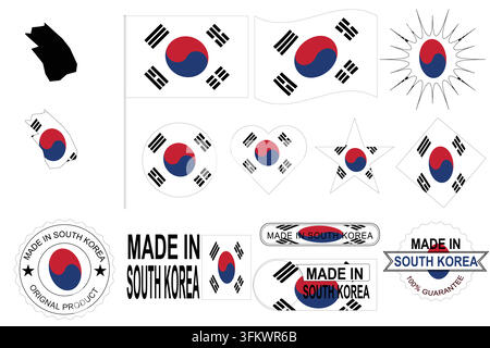 Vector illustration featuring South Korea national flag elements, country map silhouette, national colors and made in South Korea badges. Stock Vector