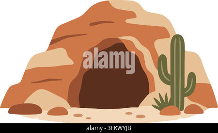 Flat illustration of a warm brown desert cave entrance surrounded by layered rocks sand and a tall green cactus Stock Vector