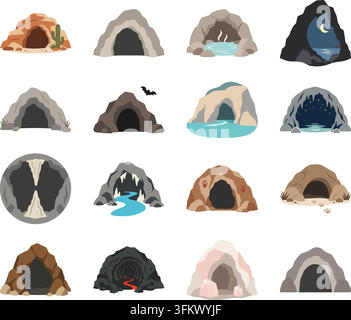 A flat illustration collection featuring various cave and grotto designs Stock Vector