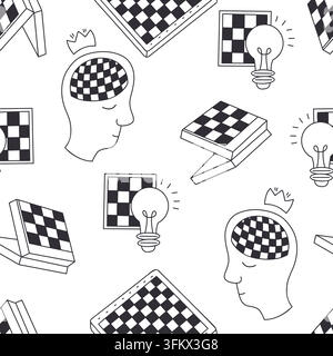 Chess Mind Board Seamless Pattern Doodle. Smart Strategy Thinking Brain Crown Light Bulb Idea Repeating Texture on White Background. Vector Illustrati Stock Vector