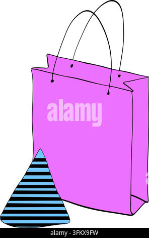 Shopping bag with hat Happy birthday composition colored hand drawn illustration. Vector graphic line ink art. Party element, festive decoration, cele Stock Vector