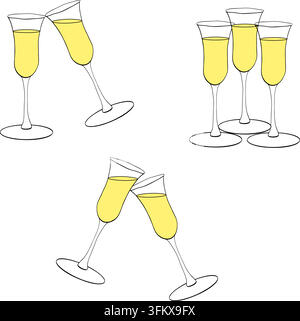 champagne glass Happy birthday composition colored hand drawn illustration. Vector graphic line ink art. Perfect for logo, branding, packaging, labels Stock Vector