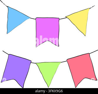 Celebration flag garland bunting. Happy birthday composition colored hand drawn illustration. Vector graphic line ink art. Party flags for birthday, h Stock Vector
