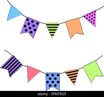 striped party bunting flags Happy birthday composition colored hand drawn illustration. Vector graphic line ink art. Perfect for kids designs, prints, Stock Vector
