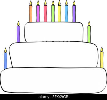 cake with burning candles Happy birthday composition colored hand drawn illustration. Vector graphic line ink art. decoration celebration party Design Stock Vector