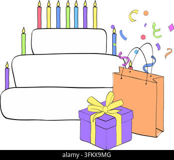birthday cake with candles, gift, Happy birthday composition colored hand drawn illustration. Vector graphic line ink art. Perfect for logo, branding, Stock Vector