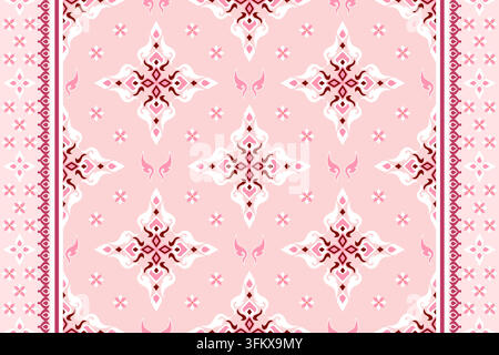 seamless Thai traditional pattern features intricate geometric diamond shapes delicate floral motifs soft pink palette creating beautiful cultural wal Stock Vector