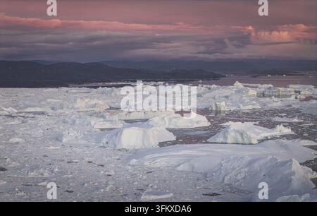 Aerial view of the Ilulissat Icefjord featuring massive icebergs floating in the dark sea under a dramatic pink sunset sky in Ilulissat, Avannaata Mun Stock Photo