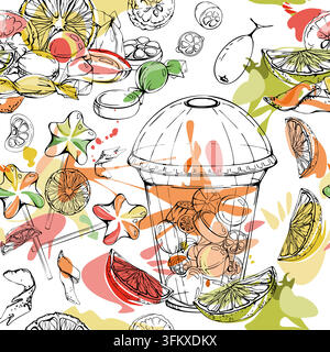 Hard candy in plastic takeaway cup, citrus slices, star lollipops with lemon, lime, orange, grapefruit slices, bright aromatic fruit, splashed juice Stock Vector