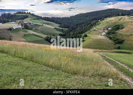 A serene scenic view of rural farmhouses nestled within rolling green hills & dense forests in the countryside, Vilovi, Serbia Stock Photo