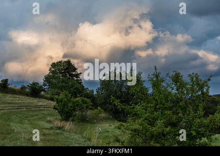 Dramatic storm clouds with golden highlights loom over a peaceful landscape of green hills and trees in nature, Vilovi, Serbia Stock Photo