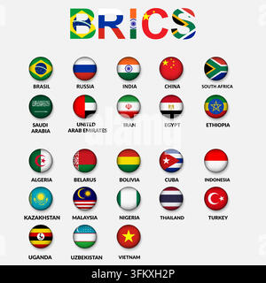 BRICS 23 country with flag badge on white background for icon logo web. vector illustration. Stock Vector