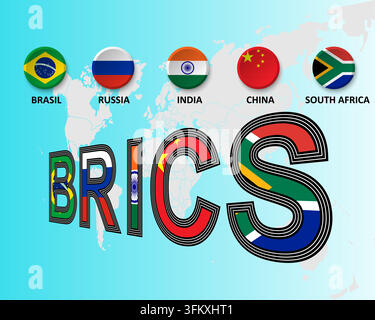 BRICS 5 member country with badge series on world map background for icon logo web. vector illustration. Stock Vector