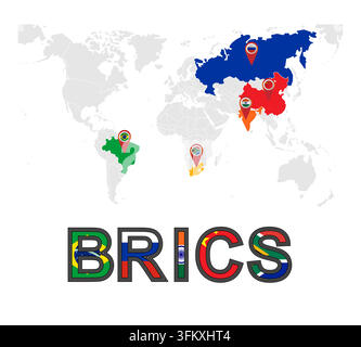 set of BRICS 5 member country with flag on top pin on world map background for icon logo. vector illustration. Stock Vector