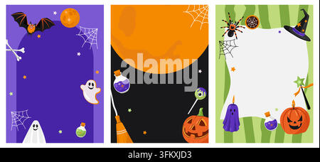 Halloween background set for leaflets flyers and web banners with ghost pumpkin bat spider frames flat Stock Vector