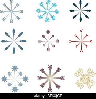 Snowflakes set of icons signs symbols fantasy on earth tone gradient color isolated on whit background. Christmas winter holiday snow pattern decorati Stock Vector
