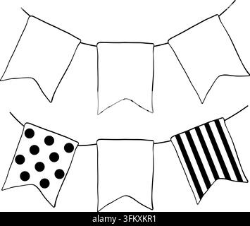 striped party bunting flags, Happy birthday composition Black and white hand drawn illustration. Vector graphic line ink art. garland decoration celeb Stock Vector