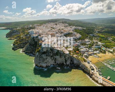 Aerial view of Peschici resort town on a sunny day in Puglia, Italy Stock Photo