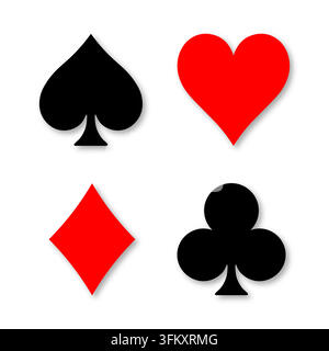 Four iconic poker suit symbols including spade, heart, diamond, and club are arranged neatly on a plain background, showcasing their design and vibrant colors. Casino gambling theme vector symbol Stock Vector