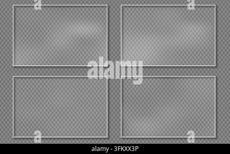 Collection of four rectangular glass panels with white frames, featuring a realistic frosted or clear glass effect on a transparent checkered backgrou Stock Vector