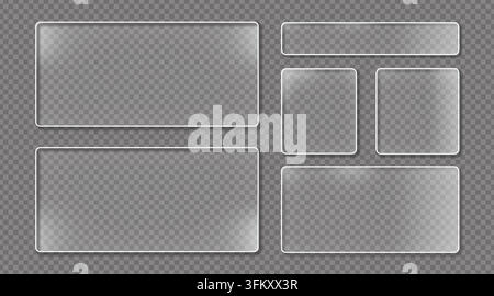 Collection of rectangular and square frosted glass panels with realistic reflections and drop shadows, isolated on a checkered background. Stock Vector