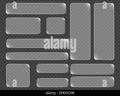 A collection of various rectangular and square glass-effect UI buttons and panels with soft highlights, designed for modern web and app interfaces. Stock Vector