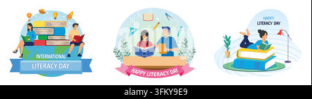 Happy Literacy Day. People celebrate international literacy day and students happy day. 8th September Celebration of International Literacy Day. Set f Stock Vector