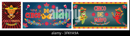 Cinco de Mayo poster with skull. Federal holiday in Mexico. Cheerful mustache cactus shaking maracas. Set flat vector modern illustrations Stock Vector