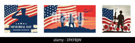 Memorial day with American flag and soldiers. Silhouette of soldier with US flag. Memorial Day in America. Set flat vector modern illustration Stock Vector