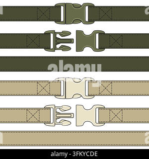 Set of color illustrations of khaki belt with fittings, fastex clasp. Isolated vector object on white background. Stock Vector