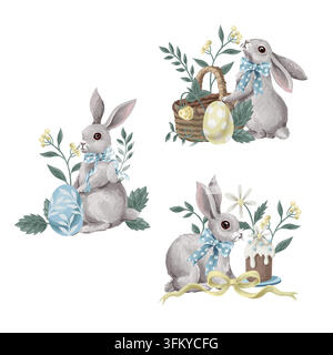 Watercolor Easter bunny compositions with a basket, pastel eggs, spring flowers, cake and yellow ribbon on white. Decorative clusters for cards and Stock Vector