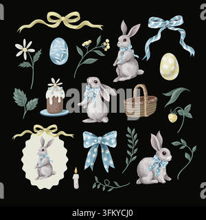 Watercolor Easter bunny clipart with pastel eggs, blue bows, basket, cake and spring flowers on black. Holiday elements for dark greeting cards and Stock Vector