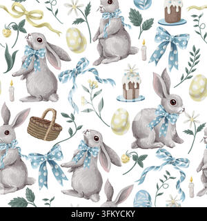 Seamless watercolor Easter pattern of rabbits, decorated eggs, baskets, blue ribbons, spring flowers and cake on white. Pastel repeat for wrapping Stock Vector