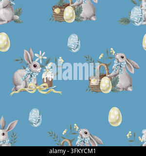 Seamless Easter pattern with watercolor bunny arrangements, baskets, pastel eggs, flowers and ribbons on blue. Spring repeat for textiles and gift Stock Vector