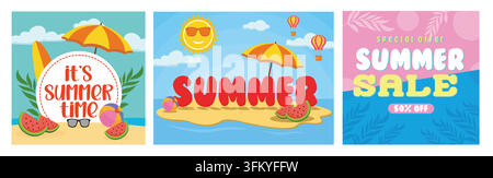 Summer with colorful beach text and elements. Summer concept on beach island with summer elements. Creative summer sale banner with bright colors. Set Stock Vector