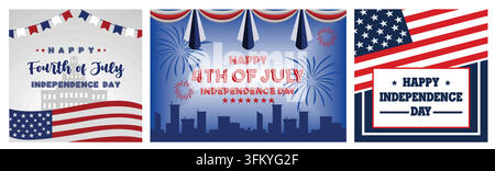 USA flag. July independence day. Memorial Day greeting card. Set flat vector modern illustration Stock Vector