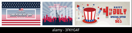 Memorial day. US independence day celebration with American hats and Uncle Sam Fireworks rockets. Statue of Liberty etc. Set flat vector modern illust Stock Vector