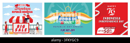Republic day India Sale. Indonesian people celebrate independence day. Happy 79th Indonesian Independence Day. Set flat vector modern illustration Stock Vector