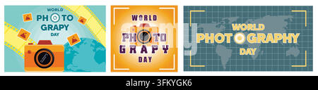 World photography day. Vintage camera. August 19 with world map on green background. Set flat vector modern illustration Stock Vector